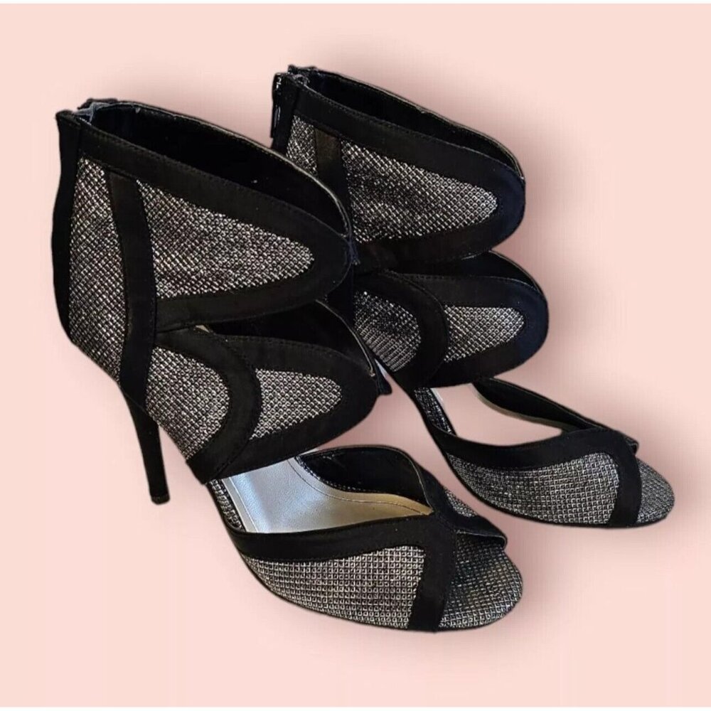 Caparros Shoes 4" Heel Black Metallic Silver Open Toe Zipper Booties Size 6 1/2
